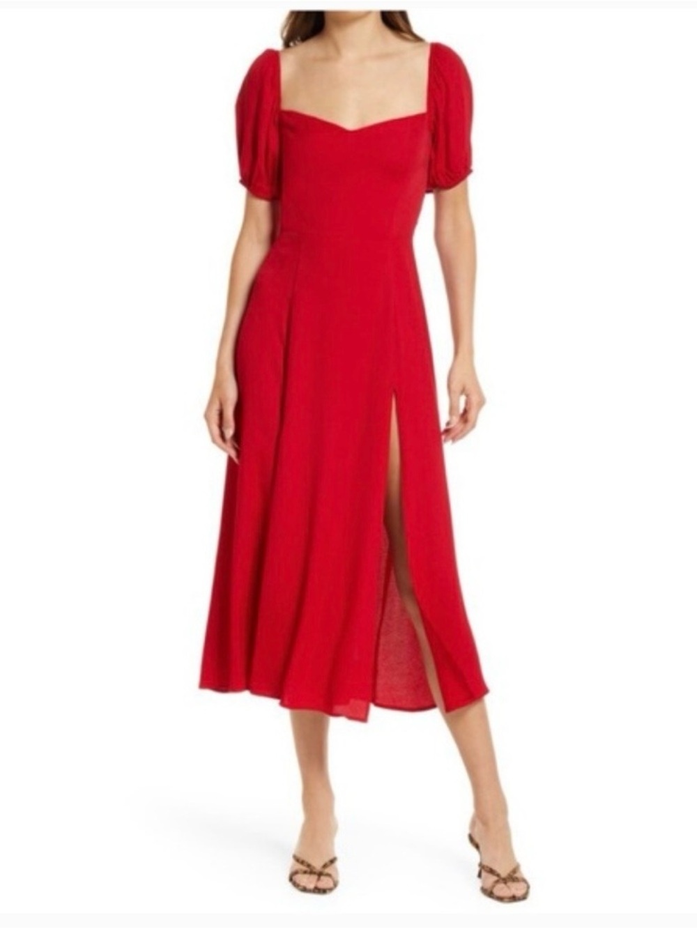 Reformation Mylah Red Puff-Sleeve Midi Dress size 0